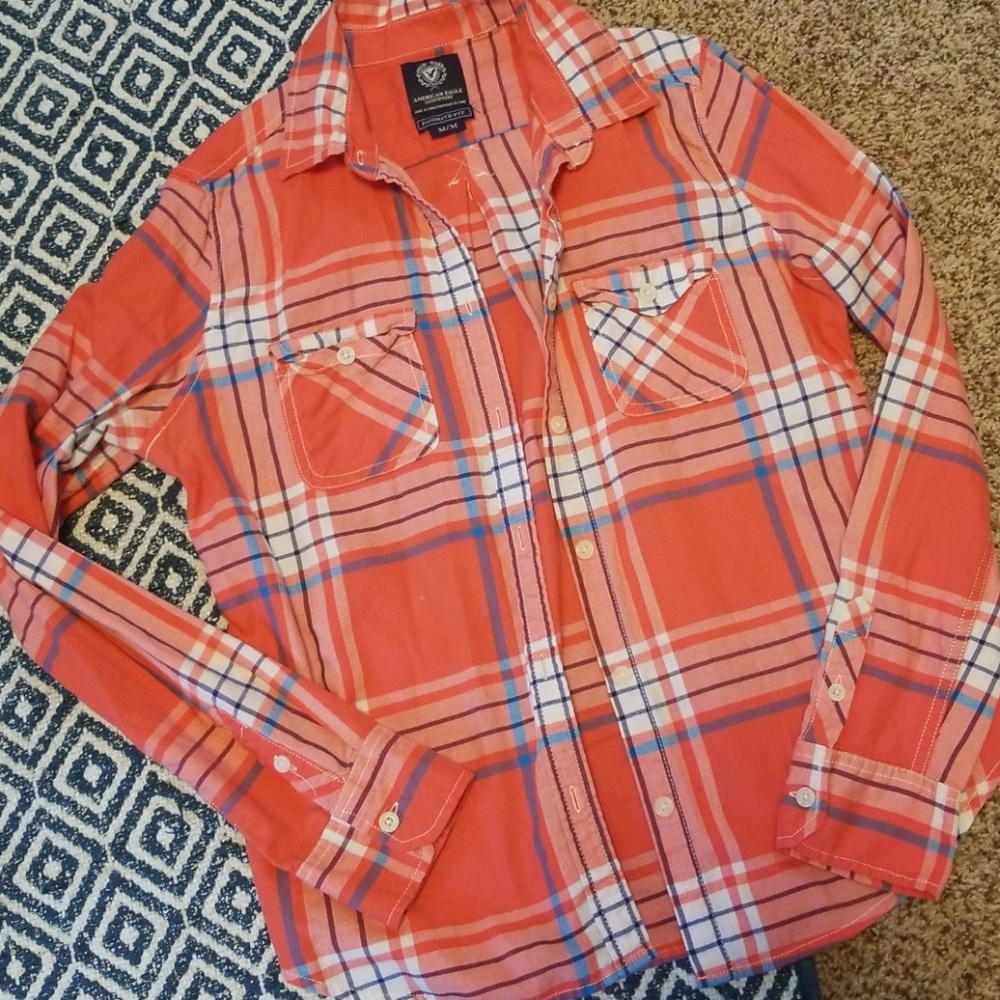 American eagle orange plaid button up